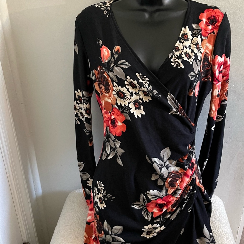 Black Floral Wrap-Style Dress with Red & Rust Blooms